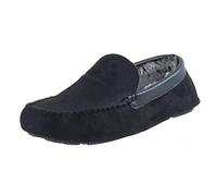 E G O Mens Luxury Faux Suede Moccasin Slippers - Traditional Full Loafer Slippers With Microsuede Upper and Soft Warm Faux Fur Lining Hard Wearing Outer TPR Sole Black Colour Adults UK Shoe Size 8
