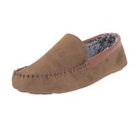 E G O Mens Luxury Faux Suede Moccasin Slippers - Traditional Full Loafer Slippers With Microsuede Upper and Soft Warm Faux Fur Lining Hard Wearing Outer TPR Sole Tan Colour Adults UK Shoe Size 10