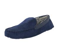 E G O Mens Luxury Faux Suede Moccasin Slippers - Traditional Full Loafer Slippers With Microsuede Upper and Soft Warm Faux Fur Lining Hard Wearing Outer TPR Sole Navy Colour Adults UK Shoe Size 9