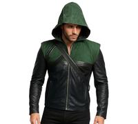 e_Genius Men Green Arrow Season 5 Stephen Amell Oliver Queen Detachable Hooded Costume Jacket -Men Leather Jackets-Men's Jackets-Hoodie Jacket-Faux Leather Jacket