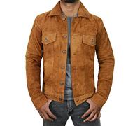 e Genius Suede Trucker Jacket Mens - Western Style Cowboy Leather Coat (Camel Brown, Large)