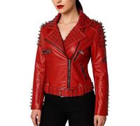 e Genius Womens Red Punk Studded Rivet Real Leather Zip up Power Shoulder Bomber Moto Jacket | Red Leather Jacket | Leather Jackets For Women