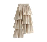 e-girl Women Smocked Asymmetric Tiered Pleated Midi Skirt,Beige