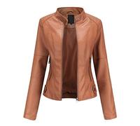 e-girl Women's Brown Faux Leather Biker Jacket Short PU Moto Biker Outwear Fitted Zipper Jacket Stand Collar Spring and Autumn Coat,8,PN767