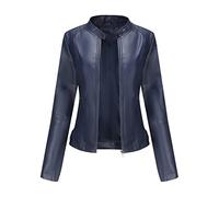 E-Girl Women's Dark Blue Faux Leather Biker Jacket Short PU Moto Biker Outwear Fitted Zipper Jacket Stand Collar Spring and Autumn Coat,12,PN767