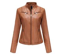 e-girl Women's Faux Leather Biker Jacket Short Zip-Up,Brown,16