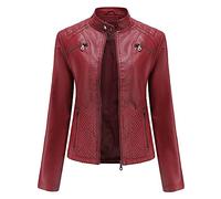 e-girl Women's Faux Leather Short PU Biker Jacket Stand Collar,Burgundy,14