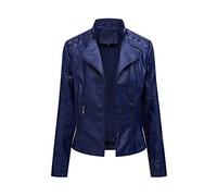 e-girl Women's Faux Leather Short PU Biker Jacket Stand Collar,Dark Blue,8