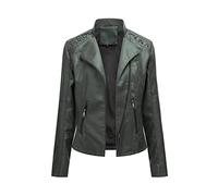 e-girl Women's Faux Leather Short PU Biker Jacket Stand Collar,Dark Green,8