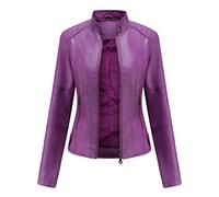 E-Girl Women's Purple Faux Leather Biker Jacket Short PU Moto Biker Outwear Fitted Zipper Jacket Stand Collar Spring and Autumn Coat,8,PN767
