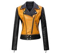 e-girl Women's Yellow Faux Leather Biker Jacket Short PU Moto Biker Outwear Fitted Zipper Jacket Lapel Spring and Autumn Coat,P8820,L