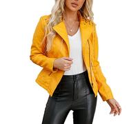 E-Girl Women's Yellow Faux Leather Biker Jacket Short PU Moto Biker Outwear Fitted Zipper Jacket Stand Collar Spring and Autumn Coat,14,P6638