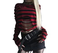 E-Girls Retro Graph Top Stripe Knit Pullover Tee Shirt Fall Asia Style Gothic Crop Top Cute Baby Tee Streetwear (Red, XL)