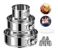 E-Gtong Stainless Steel Cake Pan Set - 3 Sizes 4" 7" 9" Leakproof Round Cheesecake Pan with Removable Bottom, 50 Pcs Parchment Paper Liners and 7 Pcs Russian Piping Tips