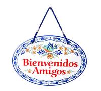 E.H.G. - "Bienvenidos Amigos" Latino Traditional Artwork, Ceramic 11x8 inches Spanish Front Door Sign with Birds & Blue Motif, Farmhouse Decor, Farmhouse Wall Decor, Bathroom Wall Decor