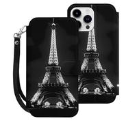 E-iffel Tower in Night Printed Leather Wallet Phone Case Unisex Trendy Hanging Rope Cellphone Protective Cover Compatible with iPhone 15/15 Pro/15 Pro Max/15 Plus