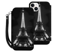 E-iffel Tower in Night Printed Leather Wallet Phone Case Unisex Trendy Hanging Rope Cellphone Protective Cover Compatible with iPhone 15/15 Pro/15 Pro Max/15 Plus