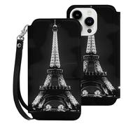 E-iffel Tower in Night Printed Leather Wallet Phone Case Unisex Trendy Hanging Rope Cellphone Protective Cover Compatible with iPhone 15/15 Pro/15 Pro Max/15 Plus