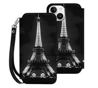 E-iffel Tower in Night Printed Leather Wallet Phone Case Unisex Trendy Hanging Rope Cellphone Protective Cover Compatible with iPhone 15/15 Pro/15 Pro Max/15 Plus