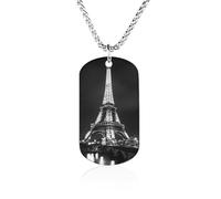 E-iffel Tower of Paris Black And White Rectangle Memorial Necklace Personalized Metal Pendant Jewelry Gifts for Boyfriend Husband Dad 23.6in(60cm)