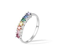 E Jewelry 925 Sterling Silver Rainbow Eternity Band Ring, Anniversary Ring for Women Square Ring R 1/2 Rhodium Plated with Colorful Round AAA Cubic Zirconia