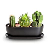 E-liu Oval Ceramic Planter Pot with Drainage Hole Saucers 11 Inch Succulents Planter Home Decor for Indoor Outdoor Plants Herb Cactus with 3 Mesh Pads, Plants Not Included, Black