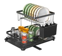 E-MANIS Dish Drying Rack,Dish Rack for Kitchen Counter,2 Tier Dish Rack w/a Cutlery Holder Compact Dish Drainers with Drain Spout for Dishes,Cup,Knives,Spoons,Forks,Black, rzx-6371