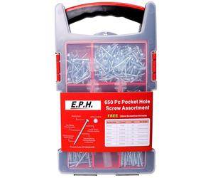 E.P.H. Pocket Hole Screws, 650pc Assorted Self-Tapping Zinc-Coated Square Drive Wood Screws for Hardwood & Softwood, Includes 150mm Driver Bit & Heavy-Duty Carry Case, EPH650CASE
