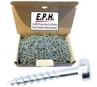 E.P.H. Pocket Hole Screws - No.6 x 25mm, Pack of 1,000 - Fine Self-Cutting Thread, Square Drive - For Hardwoods - EPHS6251000F