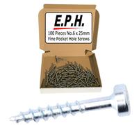 E.P.H. Pocket Hole Screws - No.6 x 25mm, Pack of 100 - Fine Self-Cutting Thread, Square Drive - For Hardwoods - EPHS625100F
