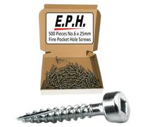 "EPH Pocket Hole Screws for Hardwoods, # No.6 x 25mm Long, Pack of 500, Fine Self-Cutting Screw with Robinson 2 Square Drive, EPHS625500F, Silver"
