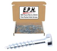 E.P.H. Pocket Hole Screws, No.6 x 25mm, Pack of 500, Fine Self-Cutting Thread, Square Drive, For Hardwoods, EPHS625500F