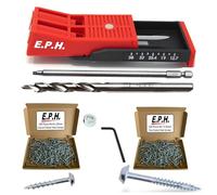 E.P.H. Pocket Hole Starter Kit + 200 Pocket Hole Screws - Twin Hole Jig, Depth-Marked Drill Bit, 150mm Robertson #2 Driver + 100x 32mm Coarse & 100x 32mm Fine Pocket Hole Screws - EPHSTKIT1