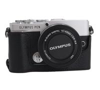 E-P7 Case, BolinUS Handmade Genuine Real Leather Half Camera Case Bag Cover for Olympus Pen E-P7 EP7 Bottom Opening Version + Hand Strap (Black)