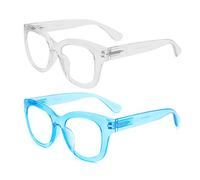 E & R Elegant Rabbit 2 packs Oversized Blue Light Reading Glasses for Women Retro Round Thick Frame Computer Readers with Spring Hinge (Blue&Transparent, 1.5, multiplier_x)
