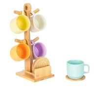 E-ROOM TREND Bamboo Mug Tree/Mug Holder with Coasters 4 PCS | Coffee Cup Mug Rack with 4 Hooks Stand | for Countertop Coffee Bar Accessories Decor Coffee Organizer Station(MHC400)