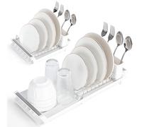 E-ROOM TREND Dish Drying Rack | White | Compact Extendable Dish Drainer Rack | Small Stainless Steel Expandable Dish Drainer with Removable Cutlery Holder | for Kitchen Counter (DR401W)