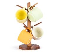 E-ROOM TREND Mug Holder Tree | Acacia Wood Mug Tree Coffee Mug Holder | Coffee Cup Holder | for Kitchen Counter Decor Coffee Bar Accessories and Home Organizer with 6 Hooks Brown(MHA6B)
