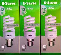 E-Saver - CFL Full Spiral - Energy Saving Light Bulbs - 12W = 60 Watt - (Pack of 3) - 4200k Cool White Light Bulbs - Bayonet Light Bulb (BC- B22- B22d)