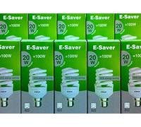E-Saver - CFL Full Spiral - Energy Saving Light Bulbs -20w = 100 Watt - (Pack of 10) - Daylight 6400k - Bayonet Light Bulb (B22- B22d) - Great for SAD - Snooker, Pool, Hobbies, Crafts, Photography