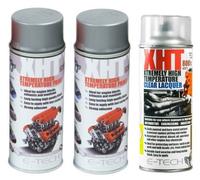 E-Tech 400ml XHT VHT Very High Temperature Paint 2 x SILVER 1 XHT Clear Lacquer for Car Engine Block Exhaust Metal Surface