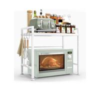 E-THOL 2-Tier Microwave Shelf, Expandable - Heavy Duty Microwave Stand for Countertop & Kitchen with 8 Hooks - For Oven, Coffee Maker & More (white)