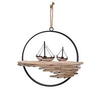 E-view Nautical Wood Wall Decoration Rustic Wooden Hanging Circle Ocean Home Decor Hand Carved Beach Themed Ornament for Door (Sailboat)