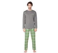 e.VIP Mens Long Pyjama Set Luke 326 100% Cotton Grey/Green Chequered - M