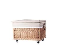 e-wicker24 Alles aus Weide Natural Wicker Storage Chest on Wheels with Soft Cushion Seat Hand-made Woven Storage Basket with Two Handles Vintage Toy Basket Multi-functional Chest with Lid Storage Box