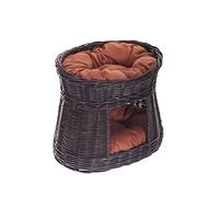 e-wicker24 Wicker Indoor Cat Bed Igloo Cave - Double Pet Cave Indoor Cat House with Cosy Bed Grey 50x40x45cm (Brown)