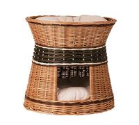 e-wicker24 Wicker Indoor Igloo Cat Bed Cave Double Cat Bed pet Cave Indoor Cat House with Bed on Top Cosy Cave Bed Cat Sofa Box Wicker Cat Basket with Soft Cushion Natural (48x48x43cm) (Rond, Beige)