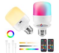 E14 Rechargeable Light Bulb, 2Packs Magnetic Battery Light Bulbs with Remote Control, LED Dimmable Cordless Light Bulb RGB 3 Color with Detachable Charging and Timer for Indoor Outdoor Non Hardwired