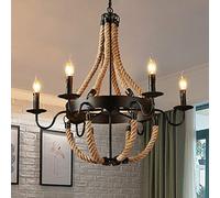 E14 Vintage Industrial Chandelier - 6-Lamp Hemp Rope Hanging Light for Loft & Dining Room - Rustic Iron Pendant Fixture for Home Decor