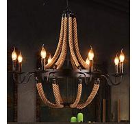 E14 Vintage Industrial Chandelier Hemp Rope Pendant Light for Dining Room Loft Style 8-Lamp Iron Hanging Fixture Retro Home Decor Lighting